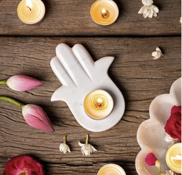 Marble Hamsa Hand Diya Candle Holder